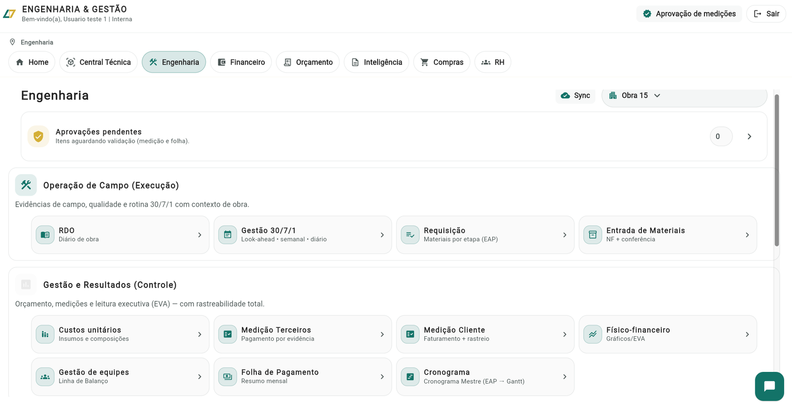 Tela real do App Saniz com engenharia, RDO, cronograma e gestão de equipes