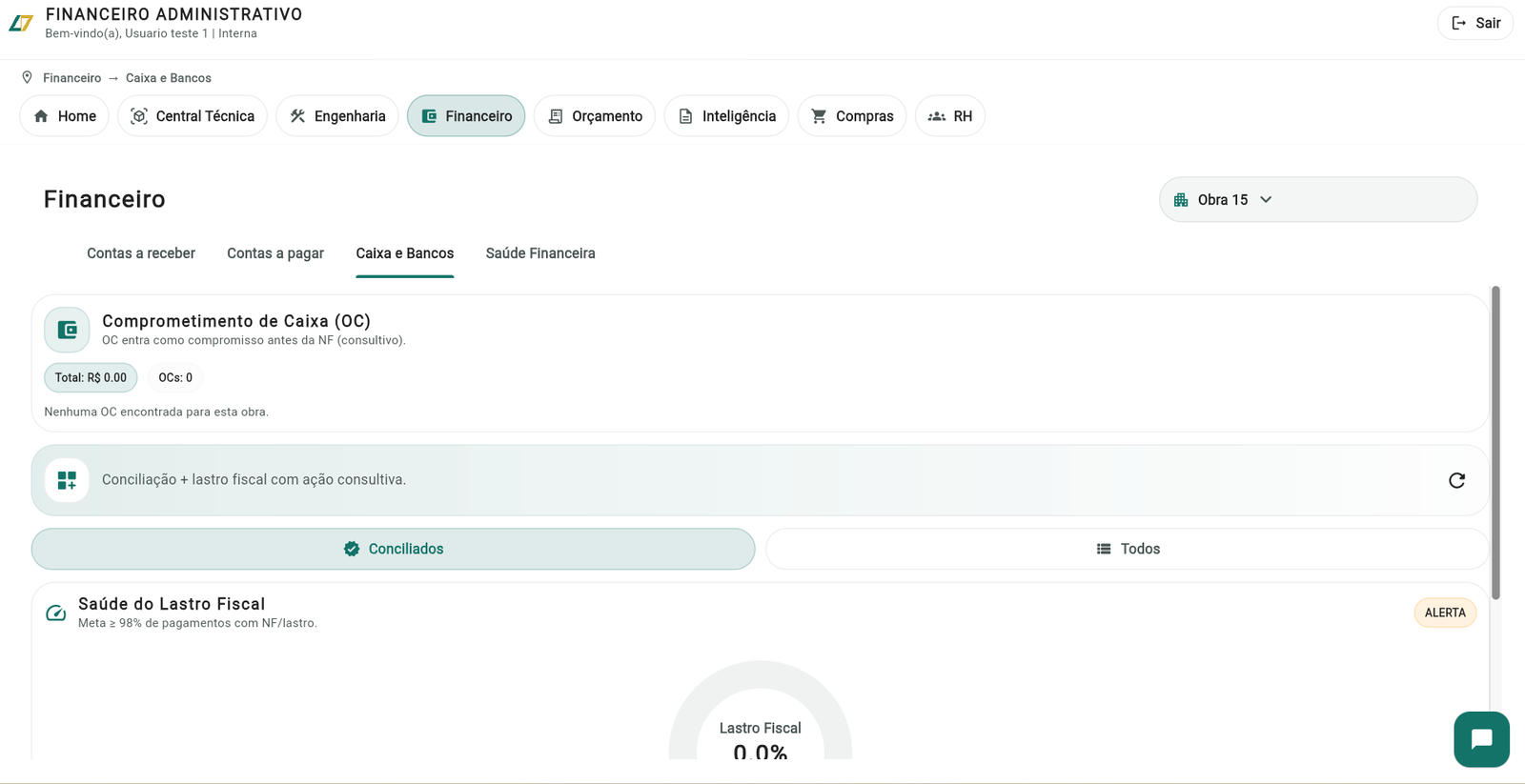 Tela do App Saniz com gestão financeira de construtora